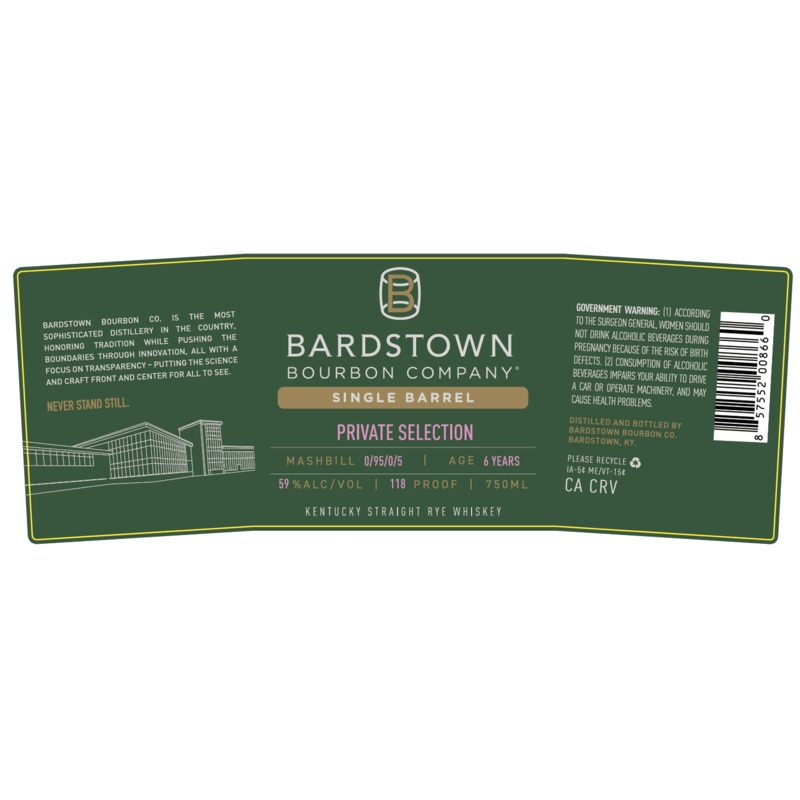 Bardstown Bourbon Company Single Barrel Private Selection Rye Whiskey Aged 6 Years