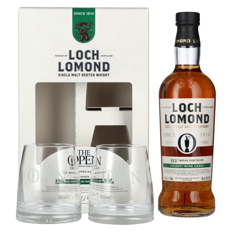 Loch Lomond THE OPEN SPECIAL EDITION 153th Royal Portrush Chianti Wine 2025 46% Vol. 0,7l in Giftbox with 2 glasses