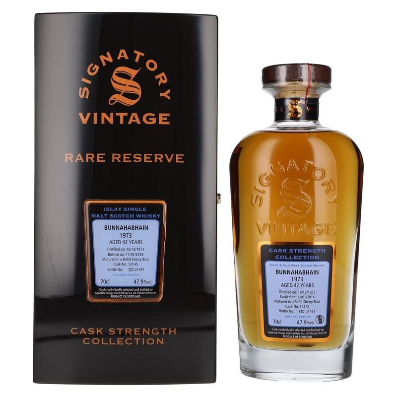 Signatory Vintage BUNNAHABHAIN 42 Years Old RARE RESERVE Cask Strength 1973 47,9% Vol. 0,7l in wooden box