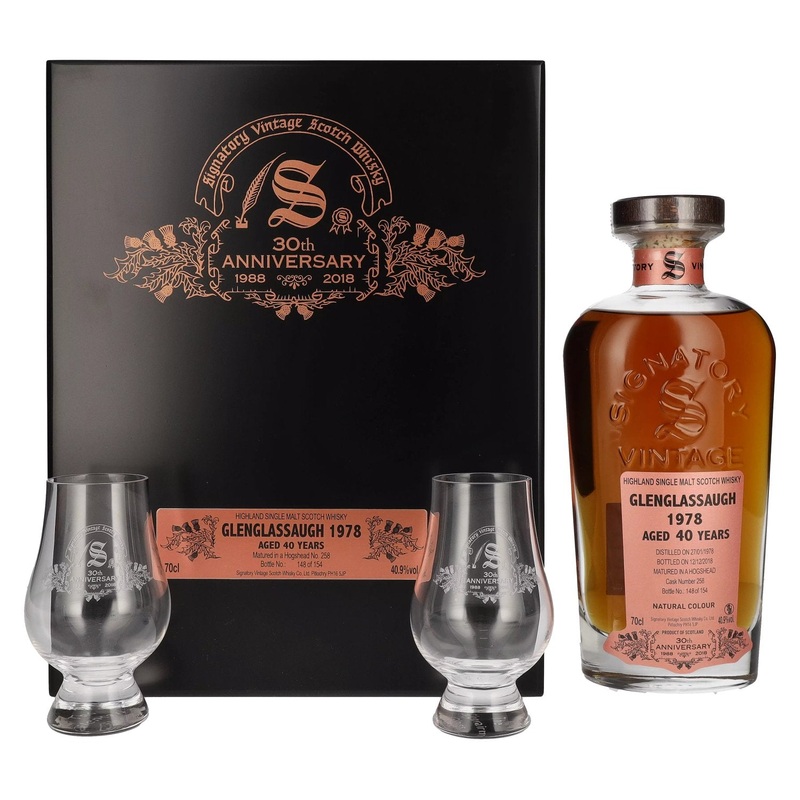 Signatory Vintage GLENGLASSAUGH 40 Years Old 30th ANNIVERSARY 1978 40,9% Vol. 0,7l in wooden box with 2 glasses