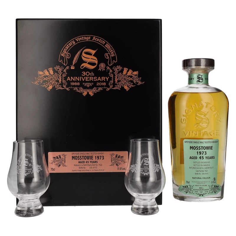 Signatory Vintage MOSSTOWIE 45 Years Old 30th ANNIVERSARY 1973 51,6% Vol. 0,7l in wooden box with 2 glasses
