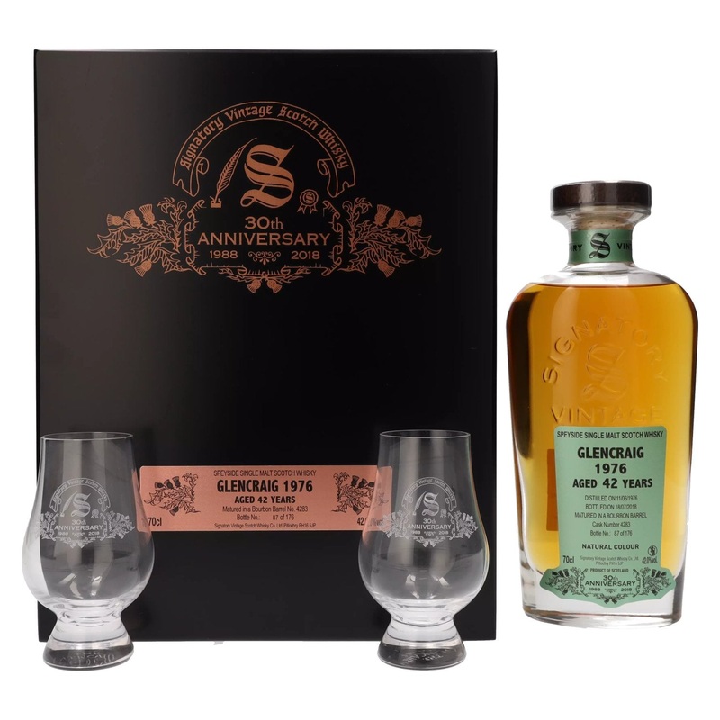Signatory Vintage GLENCRAIG 42 Years Old 30th ANNIVERSARY 1976 42% Vol. 0,7l in wooden box with 2 glasses