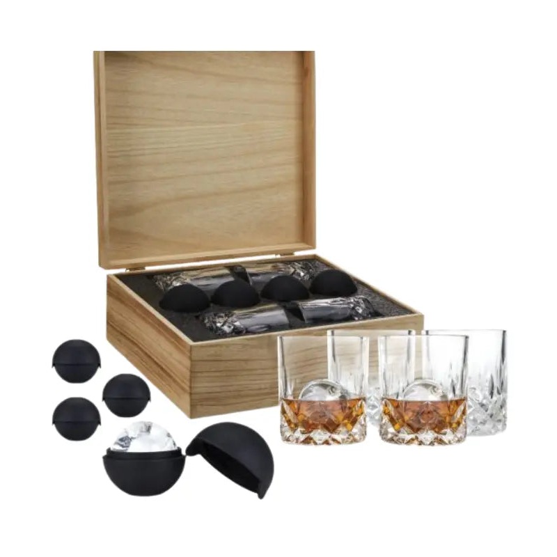 8-piece Crystal Liquor Glass and Ice Sphere Wood Box Set by Viski
