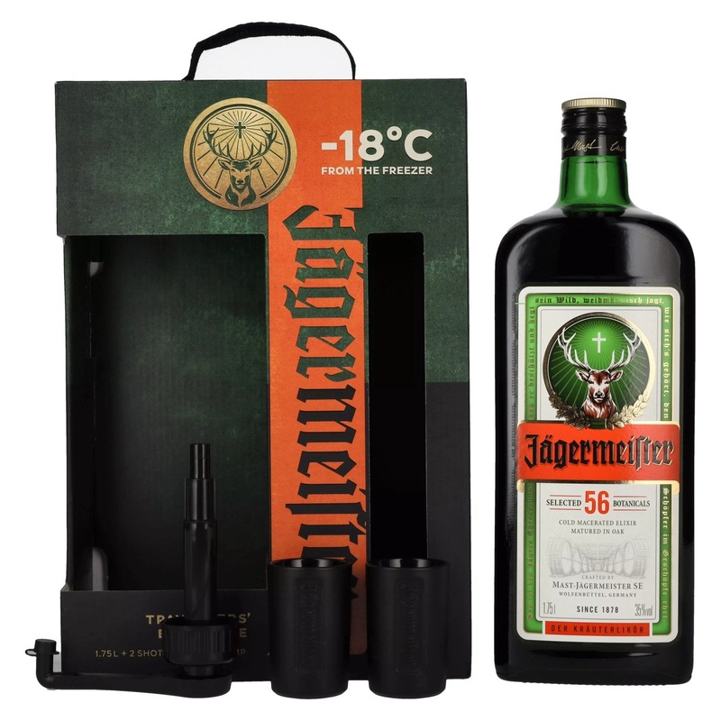 Jaegermeister TRAVELLERS' EXCLUSIVE 35% Vol. 1,75l in Giftbox with 2 shot glasses and dosing pump