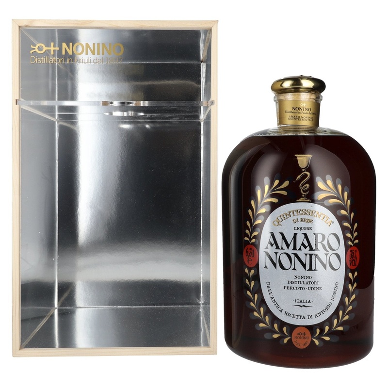 Amaro Nonino Quintessentia Di Erbe Liquore 35% Vol. 6,3l in wooden box with dosing pump